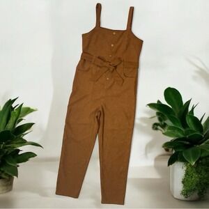 Cognac Brown Corduroy Button Front Tie Waist Jumpsuit Adjustable Straps Womens